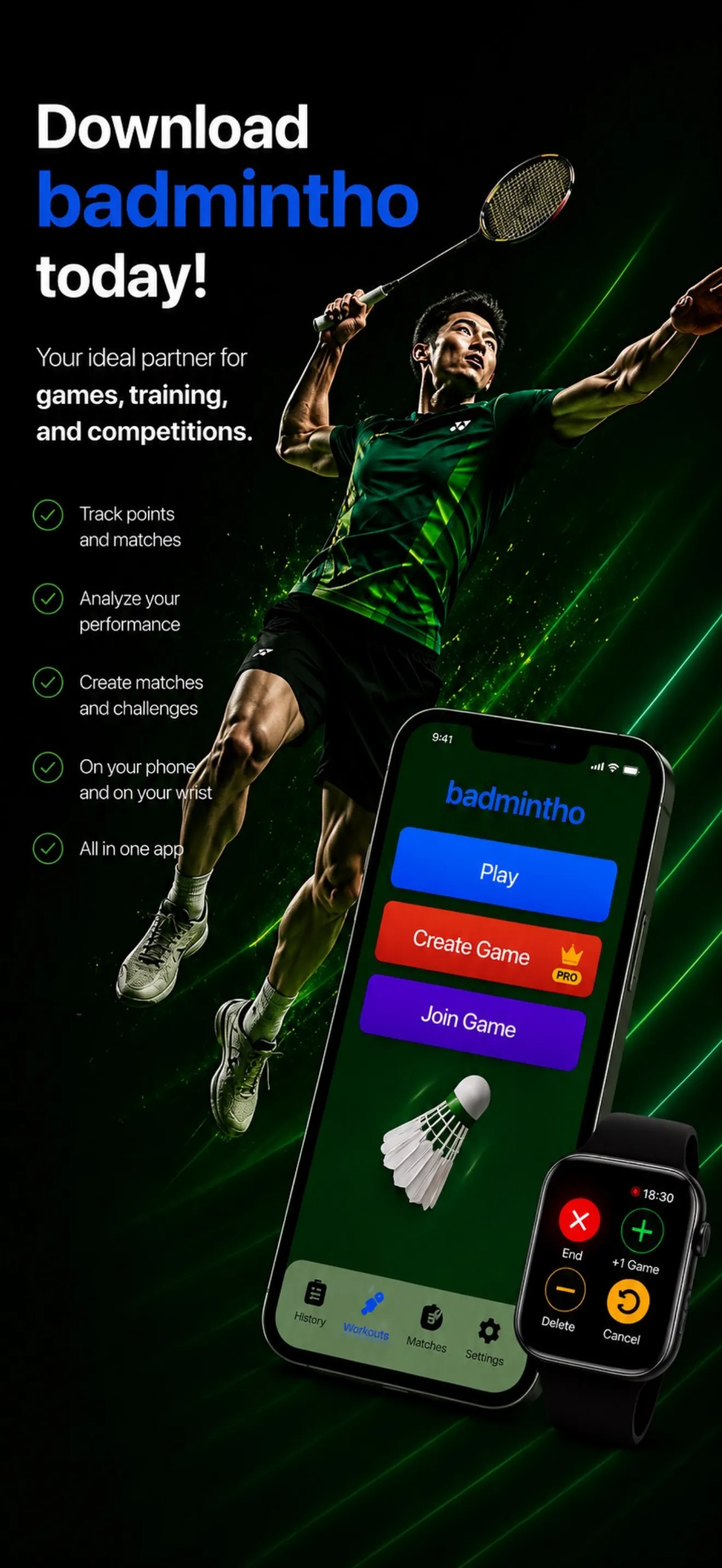 badmintho home screen with Play, Host Game and Join a Game, alongside the Apple Watch scoring controls.
