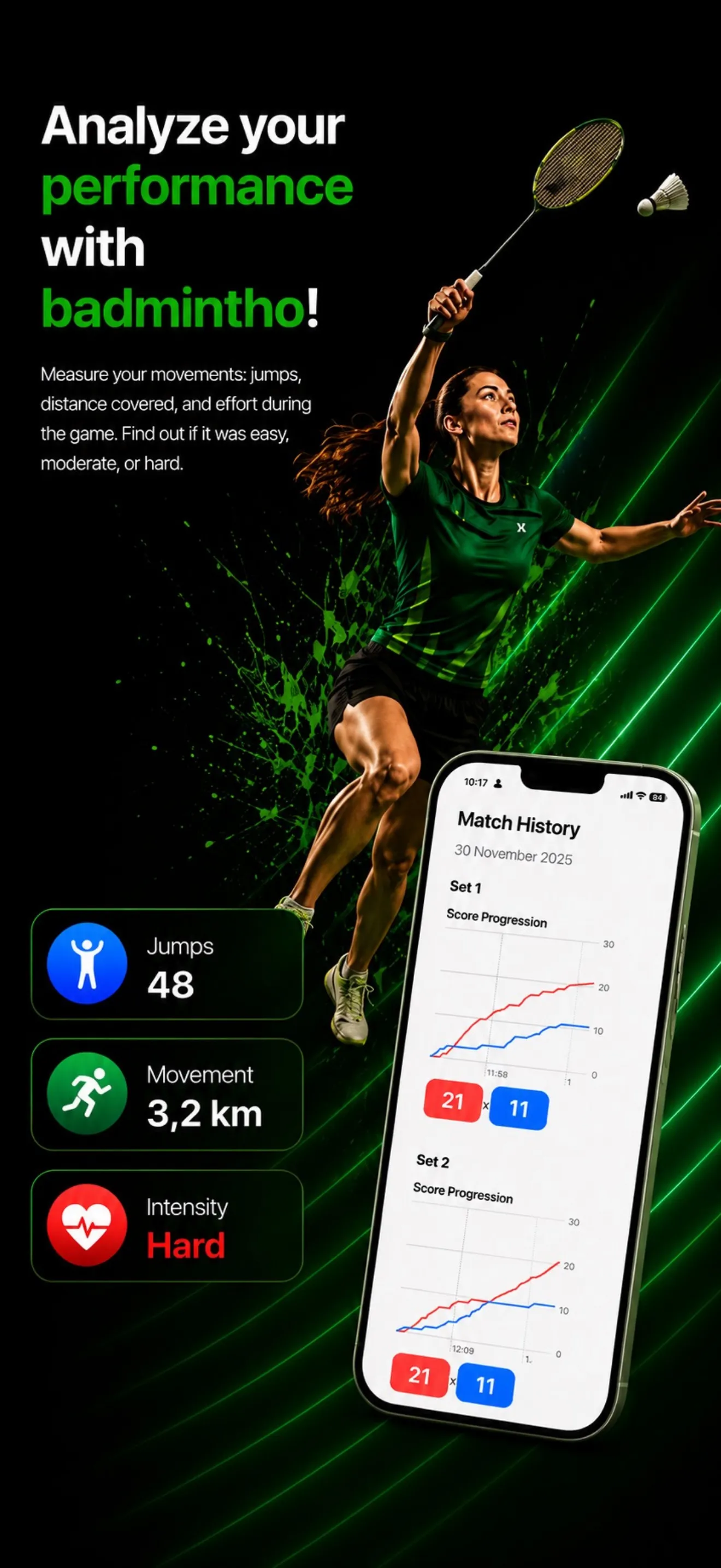badmintho match history with score-progression charts and movement stats — jumps, distance and intensity.