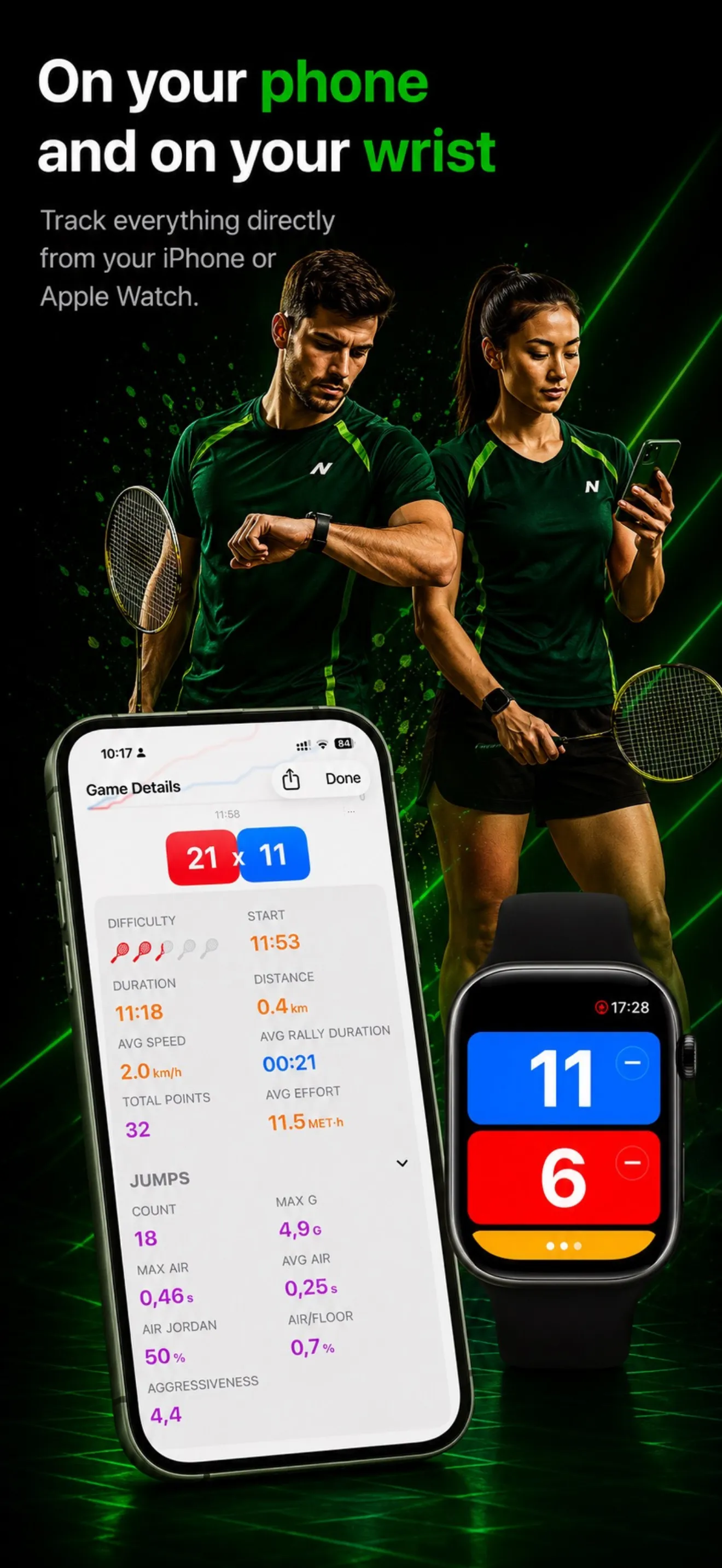 badmintho game details on iPhone — speed, distance, rally and jump stats — next to the Apple Watch score controls.