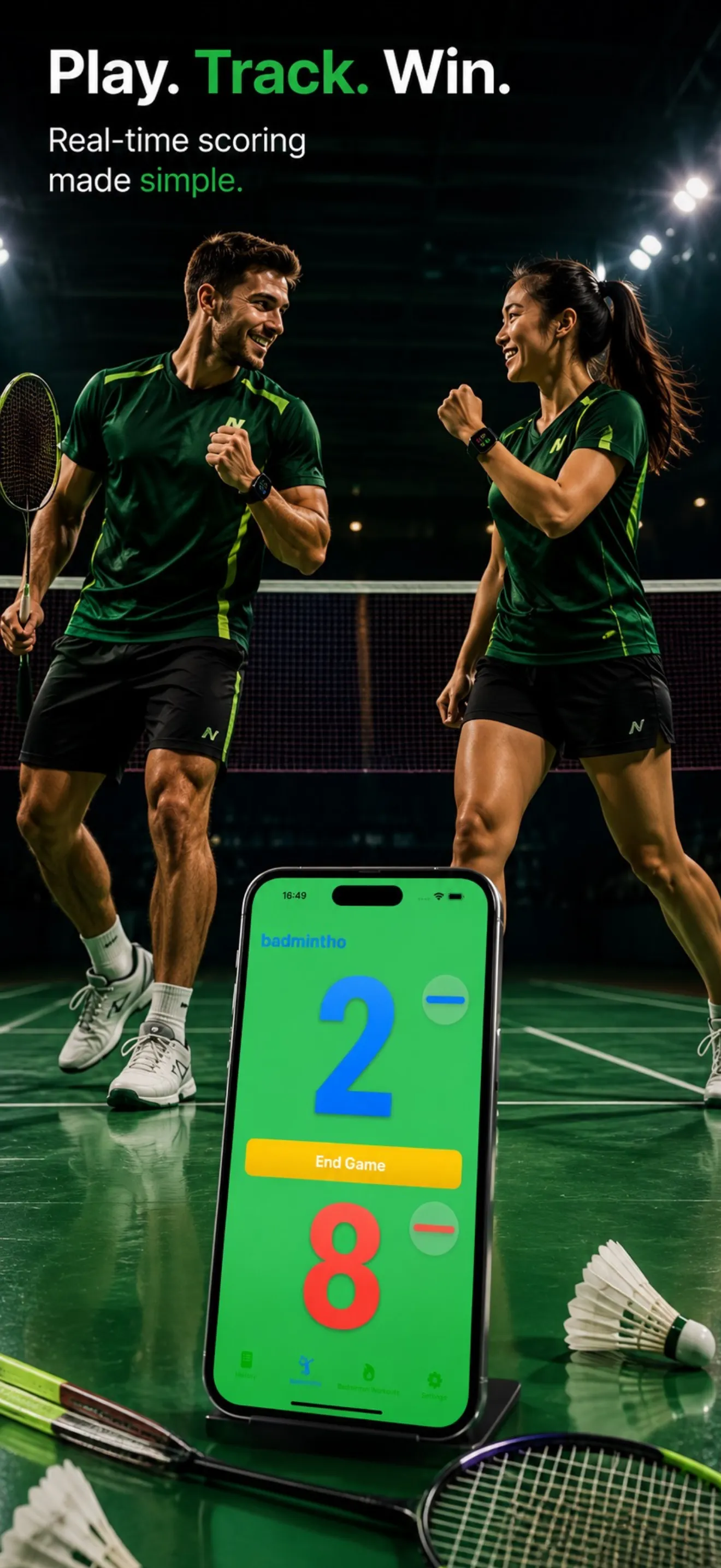 badmintho real-time scoring screen showing a live badminton match score.