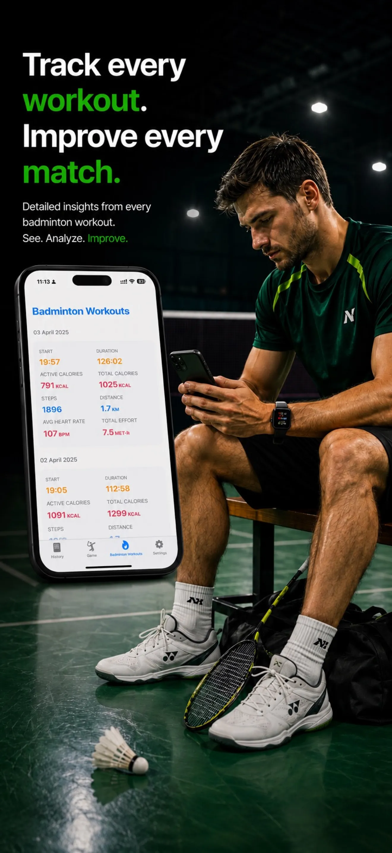 badmintho badminton workout list showing calories, steps, distance and effort for each session.