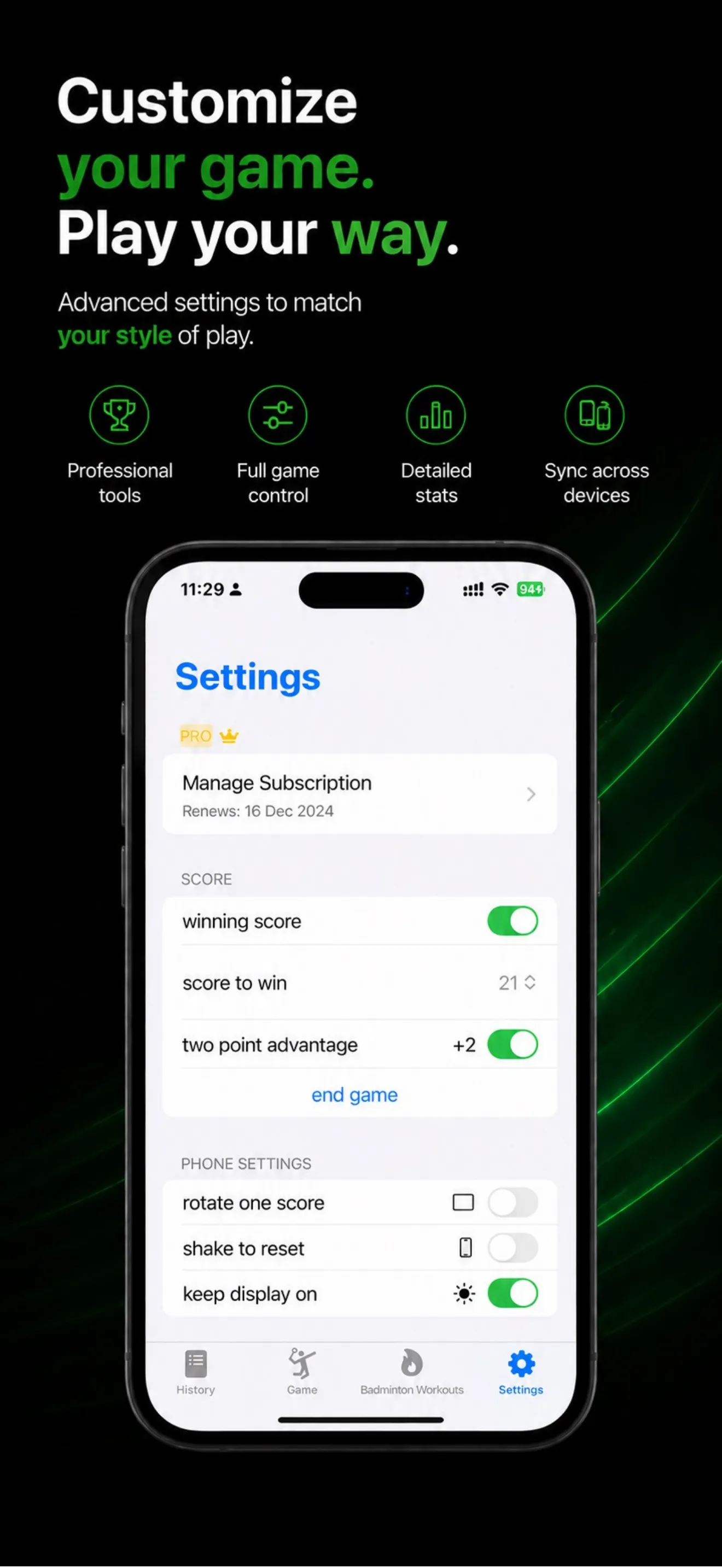 badmintho settings screen with score-to-win, two-point advantage and cross-device sync options.