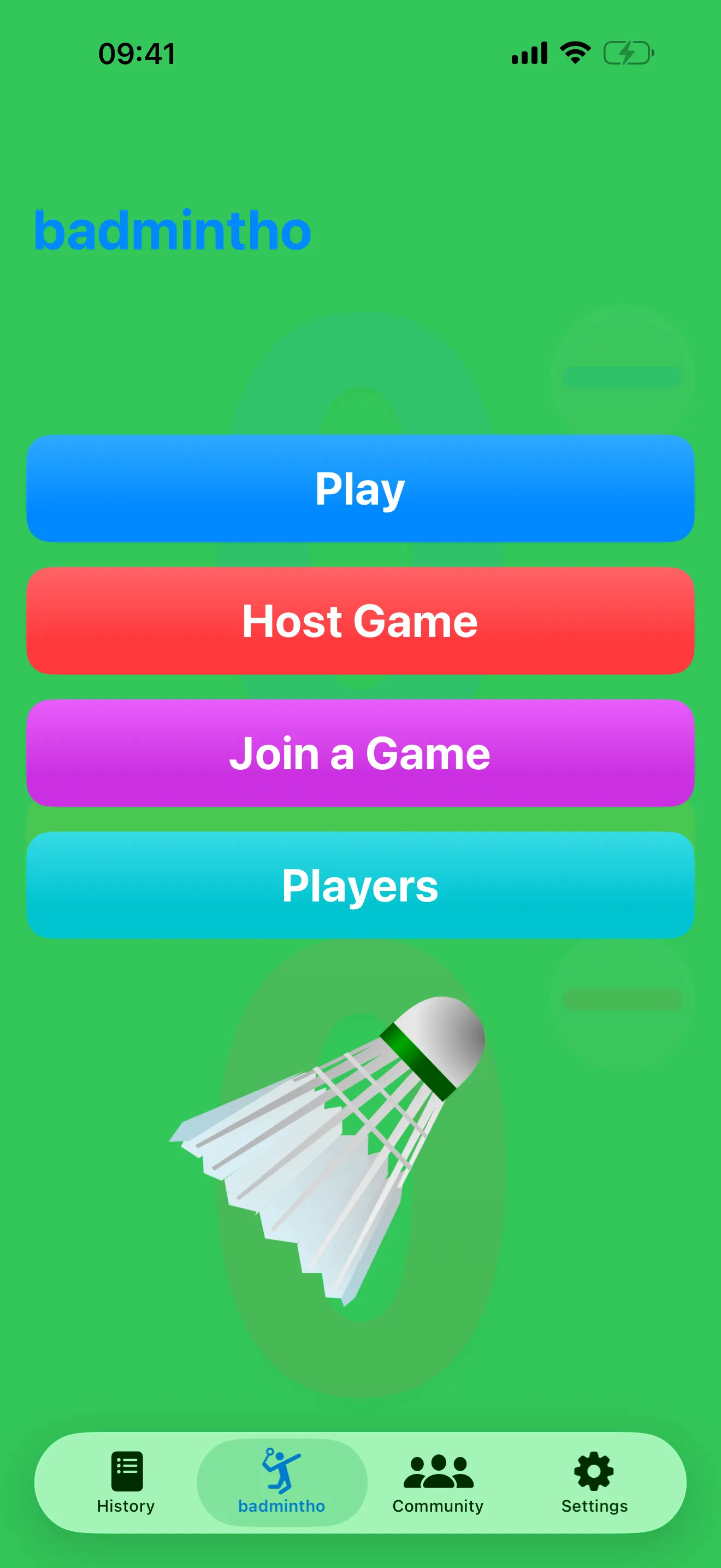 badmintho home screen with Play, Host Game and Join a Game, alongside the Apple Watch scoring controls.
